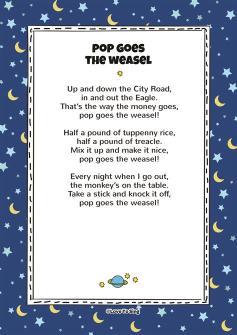 May 14, 2020 · Pop goes the weasel laughing jack Lyrics. All around the dark carnival. Laughing Jack chased a child. The little one thought they were safe. POP! Jack went wild! He stuffed their face with many ... 